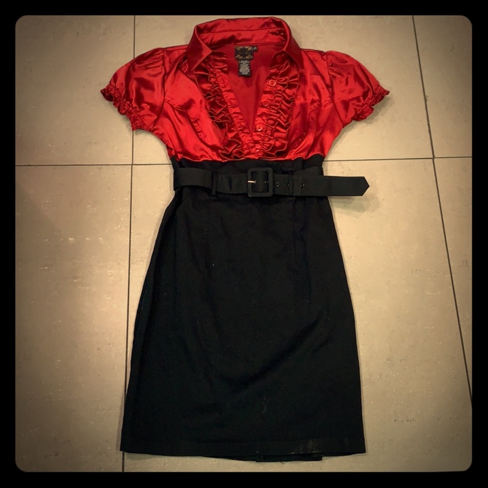 NWOT red satin and black cotton dress